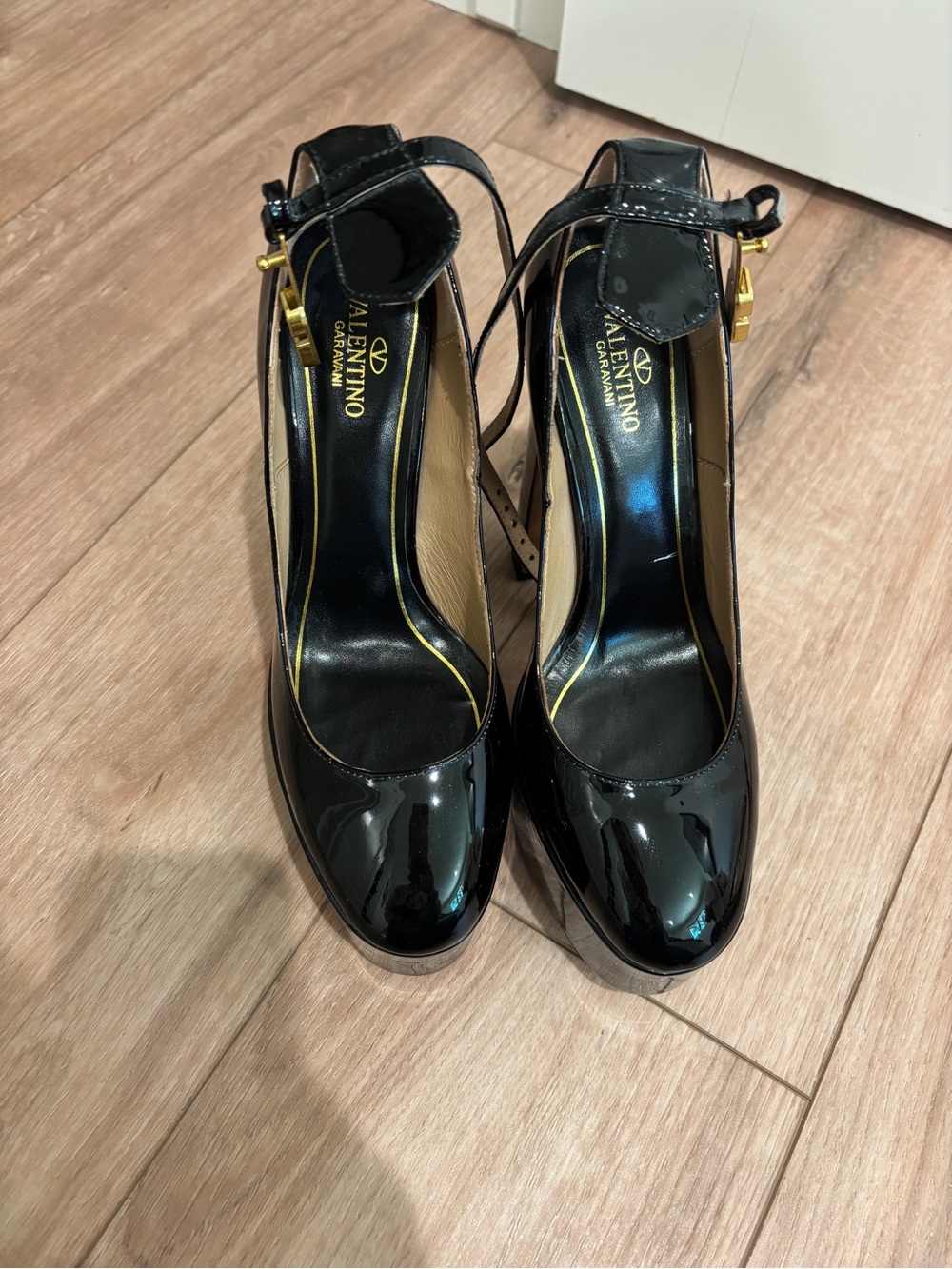 Black Patent Leather Ankle-Strap Pumps with Gold Buckle